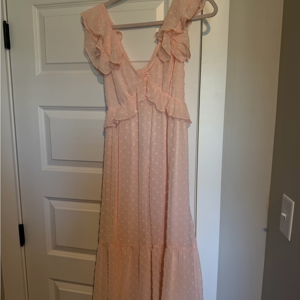 Trixxi Peach Swiss Dot Ruffle Maxi Dress